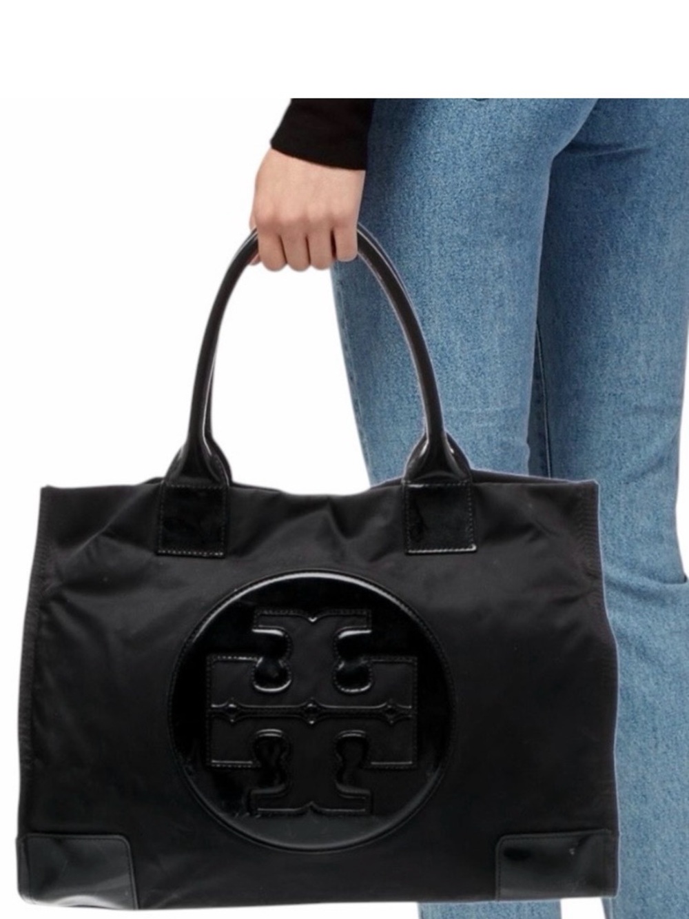 Tory Burch Ella with Patent Logo Tote Hand Bag Black Nylon